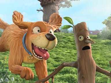 Animation of a dog chasing a brown stick with a face running away