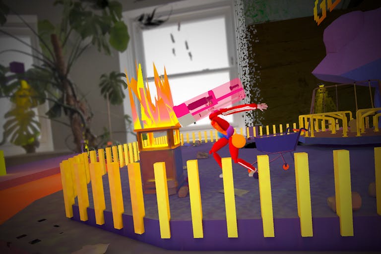 Mixed media VR graphics of a person with a lighter instead of a head lighting a bin on fire