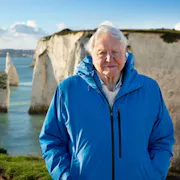 An old white haired man in a blue raincoat standing on the edge of a picturesque cliff with a view of the ocean