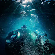 A small commercial submarine in the dark, gloomy ocean with a strip of blue light illuminating it from above