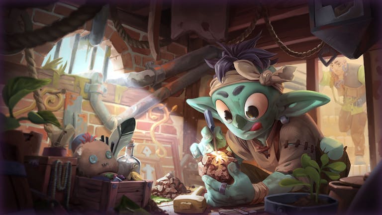 Illustration style animation of a green goblin in a basement hunched over a clump of dirt chipping away at it to reveal gold