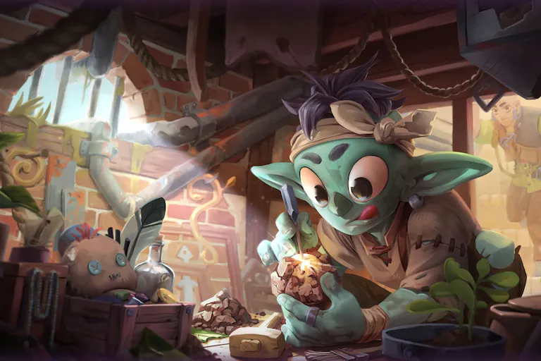 Illustration style animation of a green goblin in a basement hunched over a clump of dirt chipping away at it to reveal gold