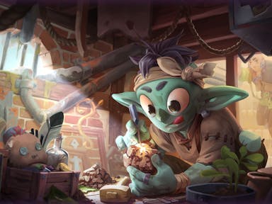 Illustration style animation of a green goblin in a basement hunched over a clump of dirt chipping away at it to reveal gold
