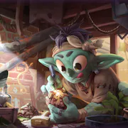 Illustration style animation of a green goblin in a basement hunched over a clump of dirt chipping away at it to reveal gold