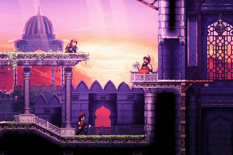 Pixelated video game image in purple hues of three characters in a castle.