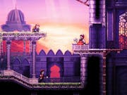 Pixelated video game image in purple hues of three characters in a castle.