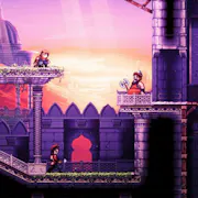 Pixelated video game image in purple hues of three characters in a castle.