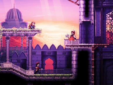 Pixelated video game image in purple hues of three characters in a castle.