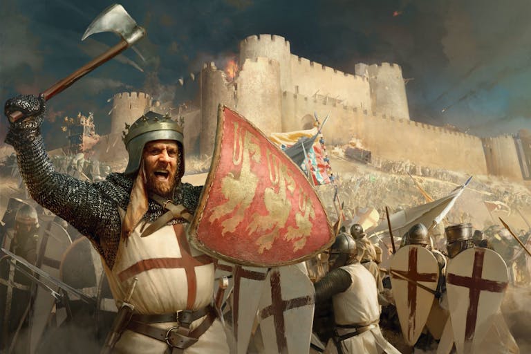 Gameplay of medieval soldiers in chainmail with axes and red and white cross shields