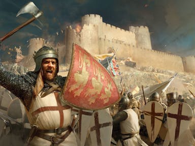 Gameplay of medieval soldiers in chainmail with axes and red and white cross shields