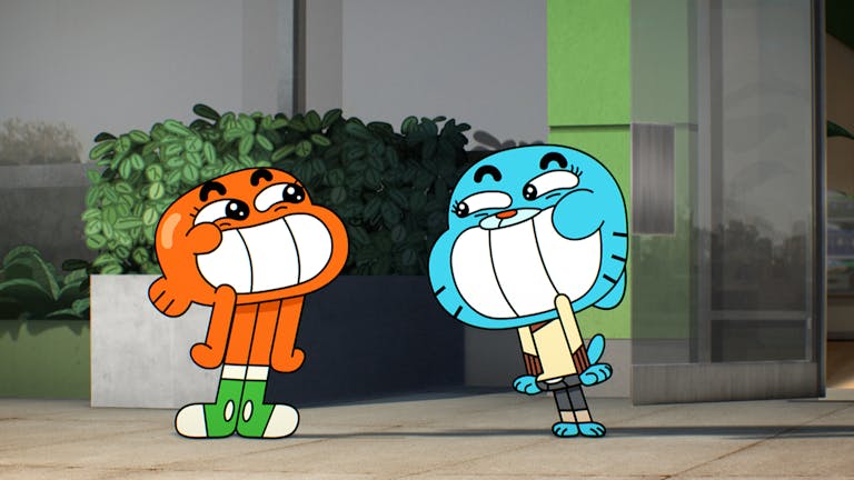 Colourful animation of anthropomorphised orange goldfish and blue cat with massive grins and teeth on display