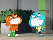 Colourful animation of anthropomorphised orange goldfish and blue cat with massive grins and teeth on display
