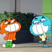 Colourful animation of anthropomorphised orange goldfish and blue cat with massive grins and teeth on display