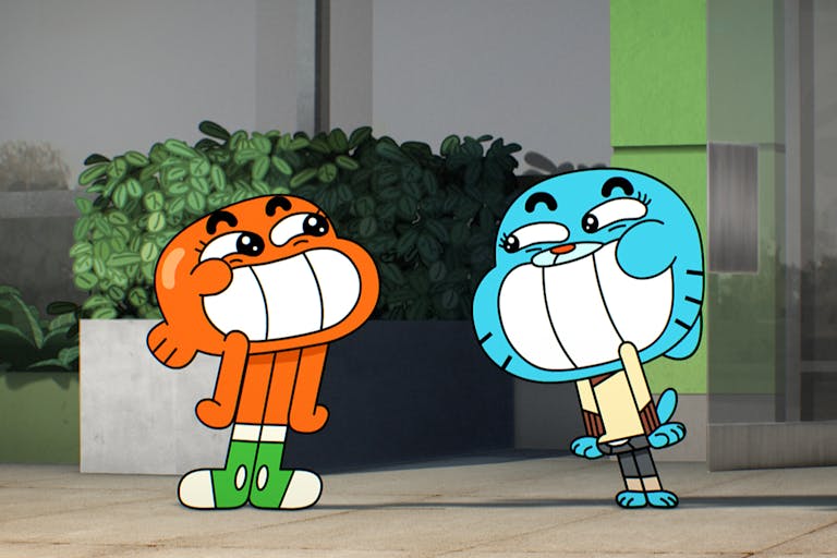 Colourful animation of anthropomorphised orange goldfish and blue cat with massive grins and teeth on display