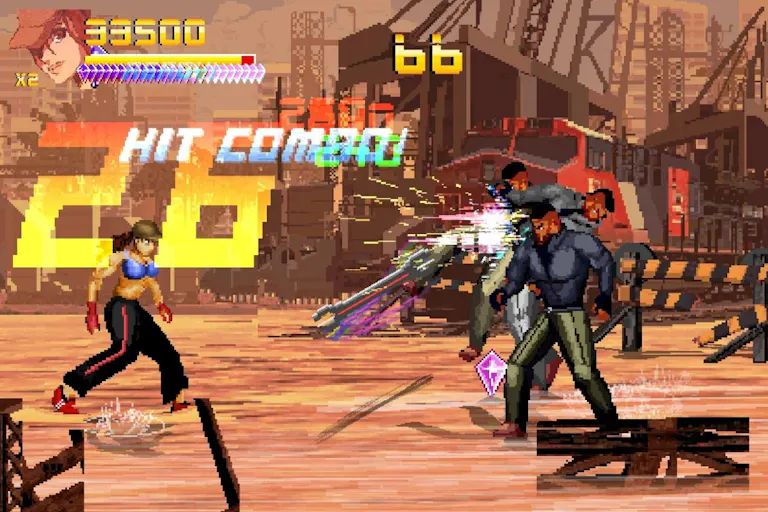 Pixelated gameplay of a woman and man fighter in a construction yard with graphics and scores flashing up