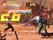 Pixelated gameplay of a woman and man fighter in a construction yard with graphics and scores flashing up