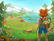 Serene gameplay, illustrative style animation of a green landscape with mountains, trees and a lake, as a character with short ginger hair looks over the scene