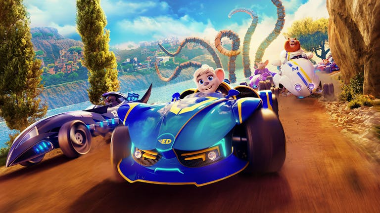 CGI animation of a grey female mouse sat in a blue race car with cars around her, a bear in a white car and a sea creature with tentacles behind her