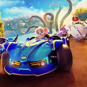 CGI animation of a grey female mouse sat in a blue race car with cars around her, a bear in a white car and a sea creature with tentacles behind her