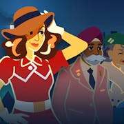 A flat block colour-style illustration of a woman wearing a red dress with white belt, white gloves and brown hat. She holds one hand on her hip and one hand is against the hat on her head. In the background is a man wearing a pink suit, purple turban and he has a large white moustache.
