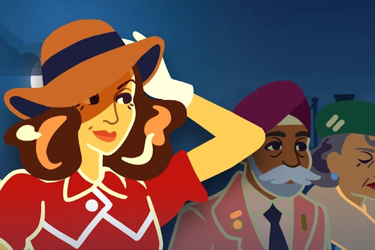 A flat block colour-style illustration of a woman wearing a red dress with white belt, white gloves and brown hat. She holds one hand on her hip and one hand is against the hat on her head. In the background is a man wearing a pink suit, purple turban and he has a large white moustache.