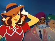 A flat block colour-style illustration of a woman wearing a red dress with white belt, white gloves and brown hat. She holds one hand on her hip and one hand is against the hat on her head. In the background is a man wearing a pink suit, purple turban and he has a large white moustache.