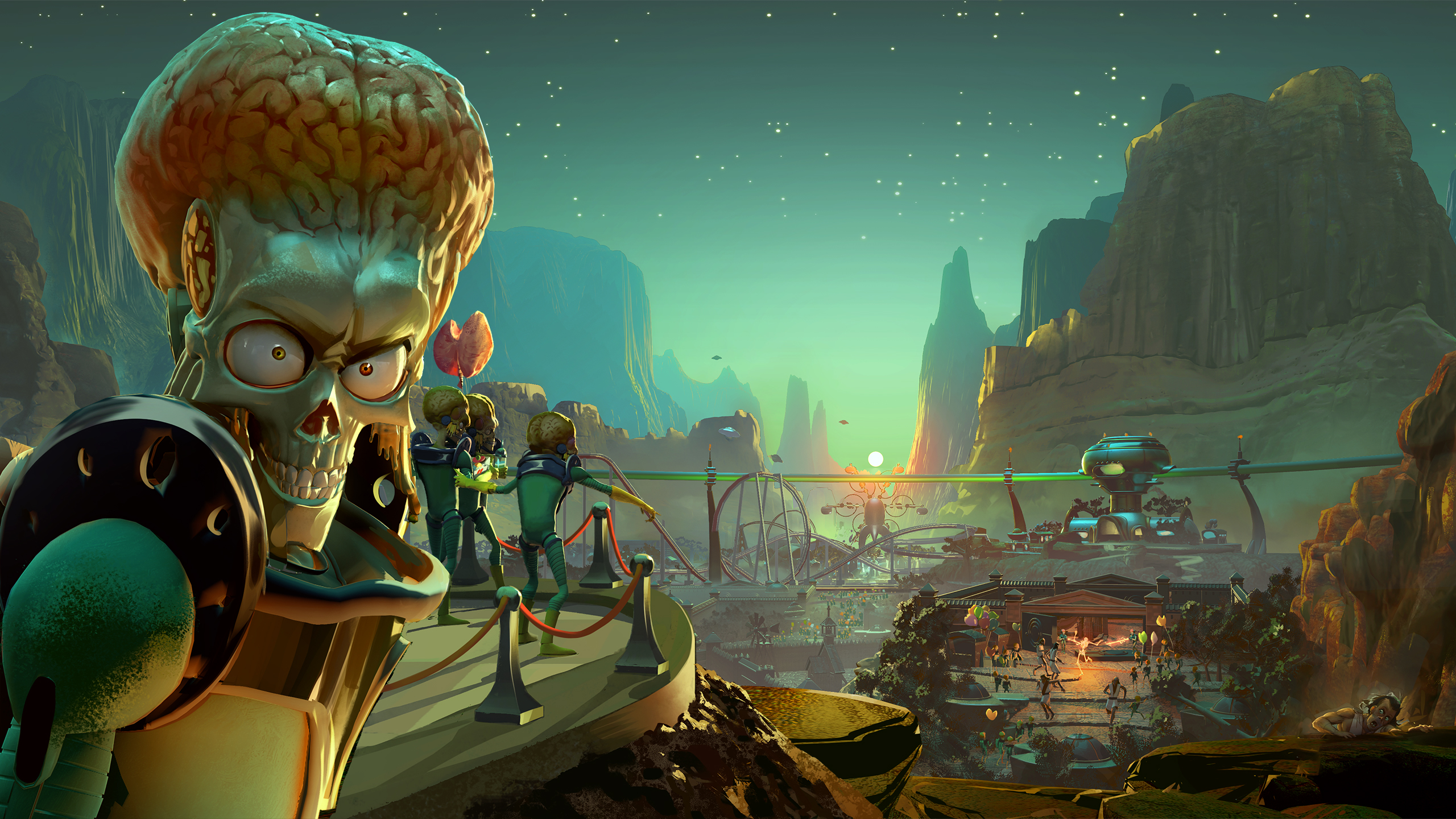 Gameplay of a skull-faced alien with an oversized brain visible looking menacing, overlooking a canyon landscape with theme park rides below