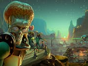Gameplay of a skull-faced alien with an oversized brain visible looking menacing, overlooking a canyon landscape with theme park rides below
