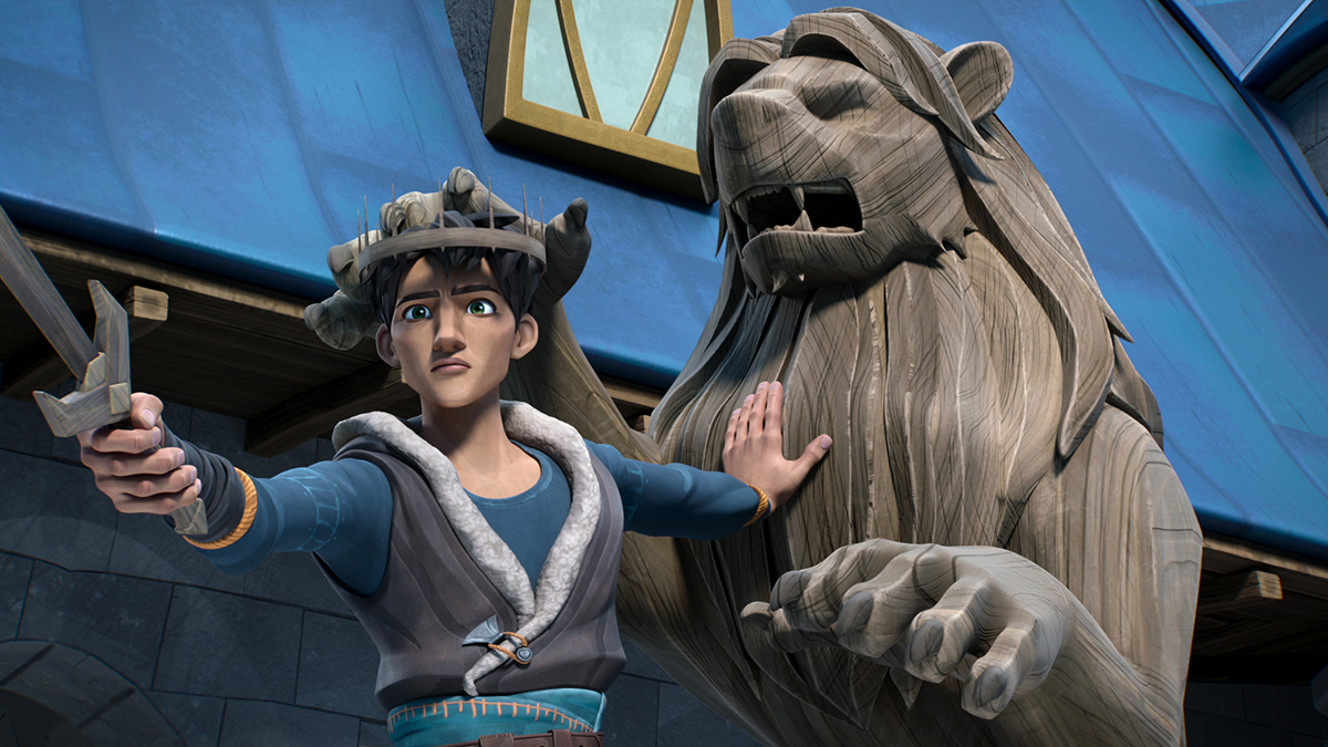 Animation of a white boy in robes, brandishing a sword while stood against a sculpture of a lion on its hind legs