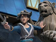 Animation of a white boy in robes, brandishing a sword while stood against a sculpture of a lion on its hind legs