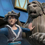 Animation of a white boy in robes, brandishing a sword while stood against a sculpture of a lion on its hind legs