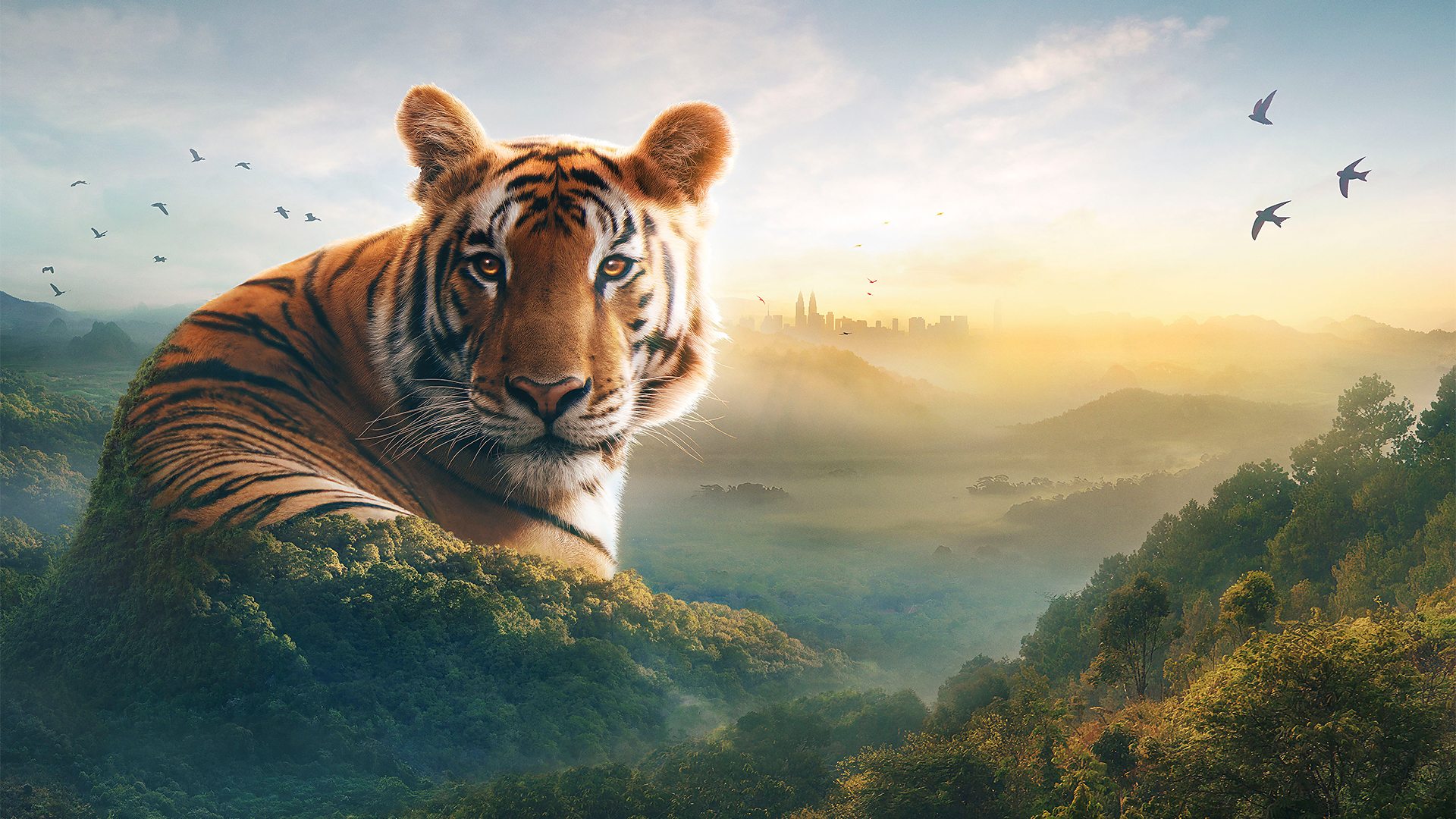 Large green mountains. One of them transforms into a tiger looking straight into the camera