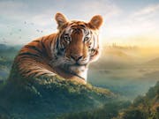 Large green mountains. One of them transforms into a tiger looking straight into the camera