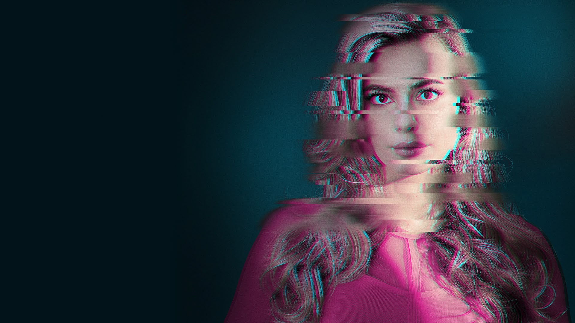 A distorted image of a blonde woman facing the camera