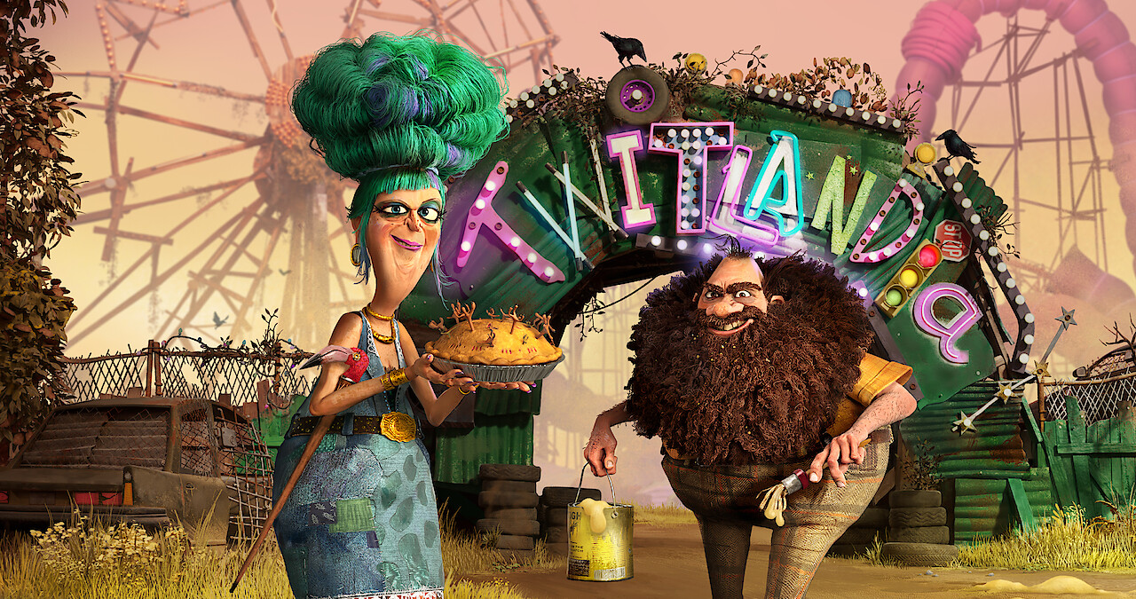 Animation of two scruffy character, a tall woman with large sea-green hair and a large short man with a big bushy brown beard, both looking menacing