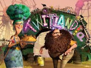 Animation of two scruffy character, a tall woman with large sea-green hair and a large short man with a big bushy brown beard, both looking menacing