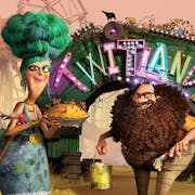 Animation of two scruffy character, a tall woman with large sea-green hair and a large short man with a big bushy brown beard, both looking menacing