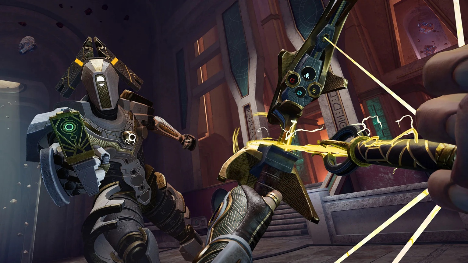 Game play from VR player pov, humanoid robots pointing weapons at each other