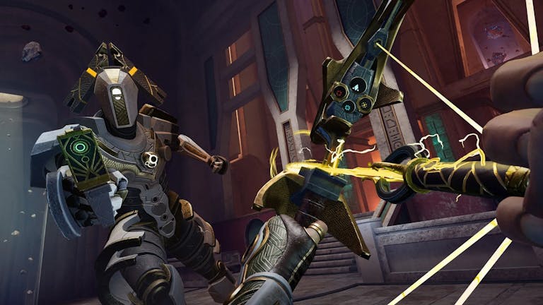 Game play from VR player pov, humanoid robots pointing weapons at each other