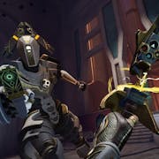 Game play from VR player pov, humanoid robots pointing weapons at each other