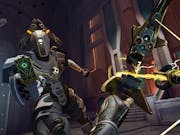 Game play from VR player pov, humanoid robots pointing weapons at each other