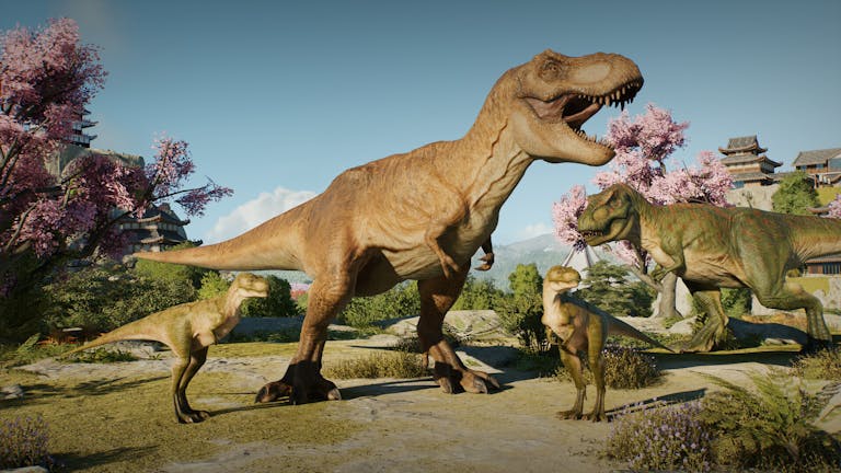 Animated gameplay of two large T-rex's and two smaller T-rex's