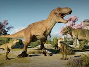 Animated gameplay of two large T-rex's and two smaller T-rex's