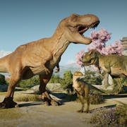 Animated gameplay of two large T-rex's and two smaller T-rex's