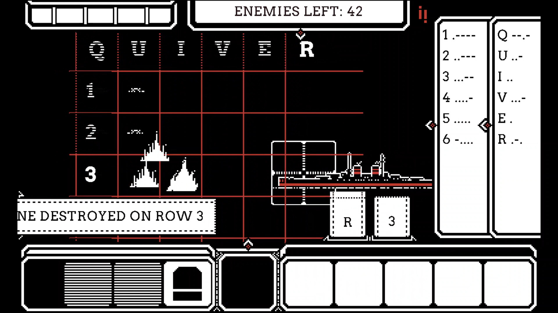Game play of a black and white board with letters and numbers and pixel illustrations of waves and ships