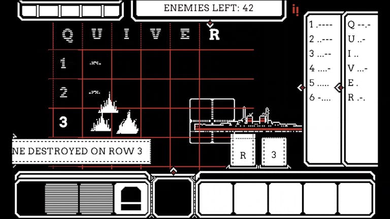 Game play of a black and white board with letters and numbers and pixel illustrations of waves and ships
