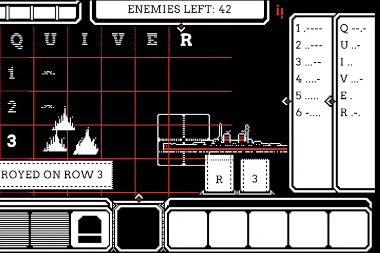 Game play of a black and white board with letters and numbers and pixel illustrations of waves and ships