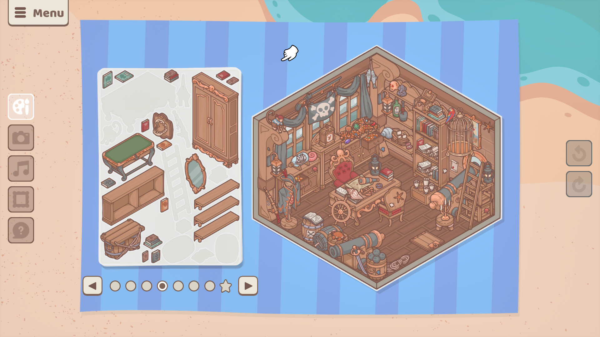An in-game image from Little Corners, a video game. Within a blue striped frame on a cartoon shoreline-background is a sheet of stickers depicting antique style wooden furniture and the interior of a square room, drawn in perspective, with wooden floor, walls and furniture, all in a drawn, cartoon style. The room is filled with pirate-related articles, like canons, a cutlass, eyeglass and skull and cross bones flag.