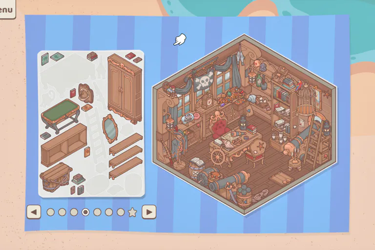 An in-game image from Little Corners, a video game. Within a blue striped frame on a cartoon shoreline-background is a sheet of stickers depicting antique style wooden furniture and the interior of a square room, drawn in perspective, with wooden floor, walls and furniture, all in a drawn, cartoon style. The room is filled with pirate-related articles, like canons, a cutlass, eyeglass and skull and cross bones flag.