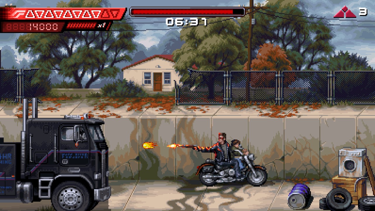 An image of gameplay from the videogame, Terminator 2D No Fate. Rendered in pixelated 2D, a black truck chases the Terminator, riding a motorcycle with a young boy, through a beaten-up suburban street. The Terminator, wearing black motorcycle leather, has turned his head to face the truck and fire a gun at it.